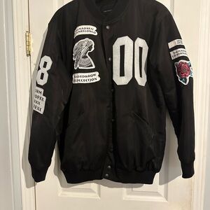 Vintage-Style Patch Cotton Bomber Jacket Black with patches size L